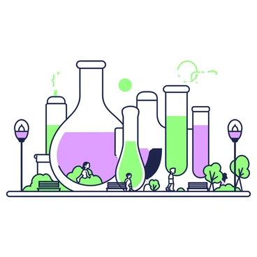 An illustration of a city where all the buildings are shaped like ampoules. The sky is clear, and the sun is shining brightly above. Each ampoule-shaped building varies in height, some being taller than others. The structures have rounded tops and narrow necks, resembling pharmaceutical ampoules. In between the buildings, there are small green patches of grass and trees. A few people are walking along the sidewalk, and some are seated on benches. The streets are lined with streetlights that have a unique design, echoing the shape of the buildings.