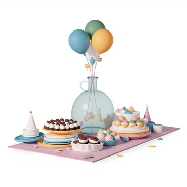 A glass flask, decorated with an assortment of colorful balloons tied around its neck, sits prominently on a table. The table is covered with a vibrant tablecloth and is overflowing with various treats, such as cupcakes with colorful frosting, trays of cookies, and a bowl of mixed fruits. Nearby, there are party hats scattered around the table, and a few colorful paper plates and cups are stacked neatly. The atmosphere appears lively and festive, with the decorations adding a cheerful touch to the scene.