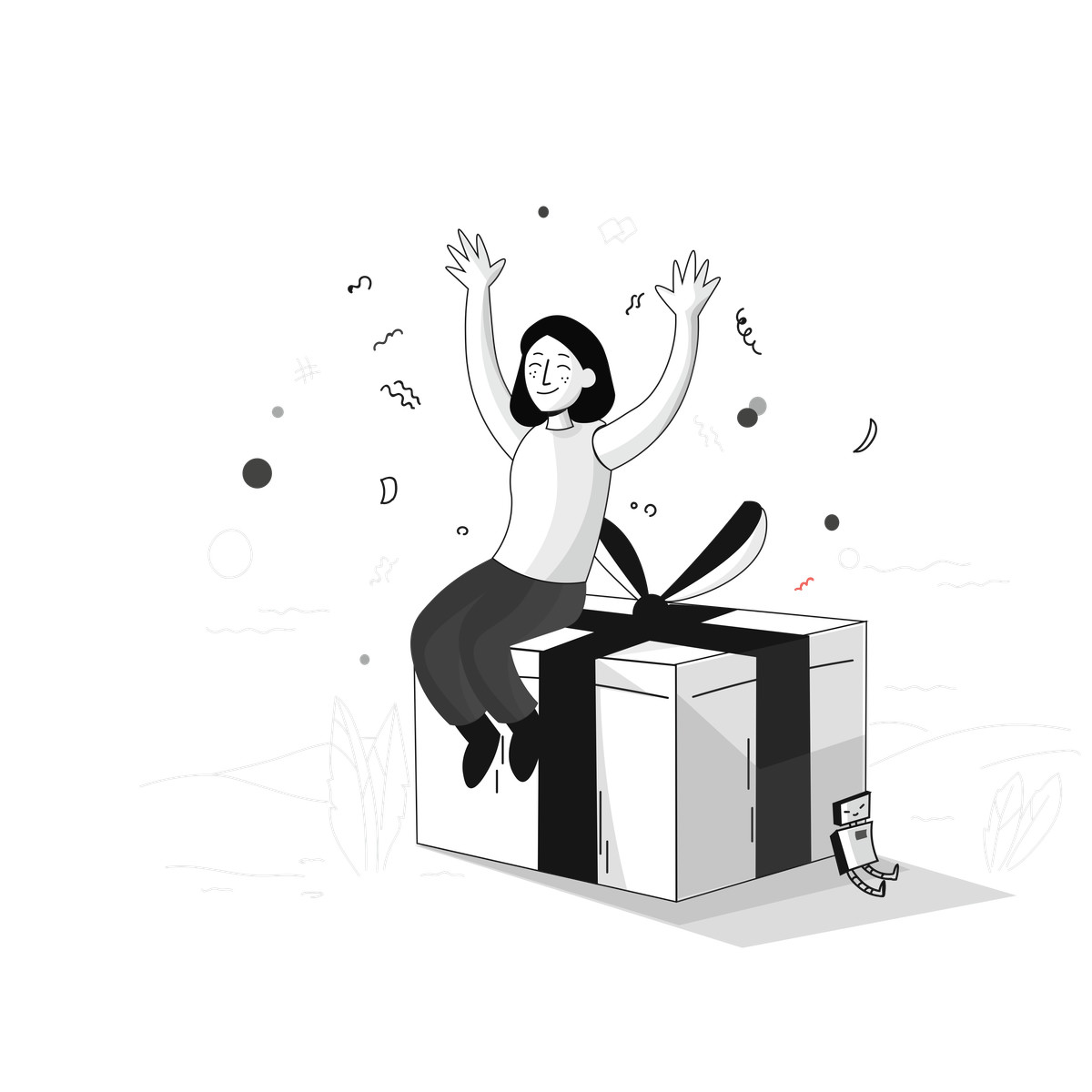 Pixeltrue 스타일의 Happy winner sitting on wrapped gift box, celebration for achievement or giveaway prize 일러스트레이션 PNG, SVG 다운로드