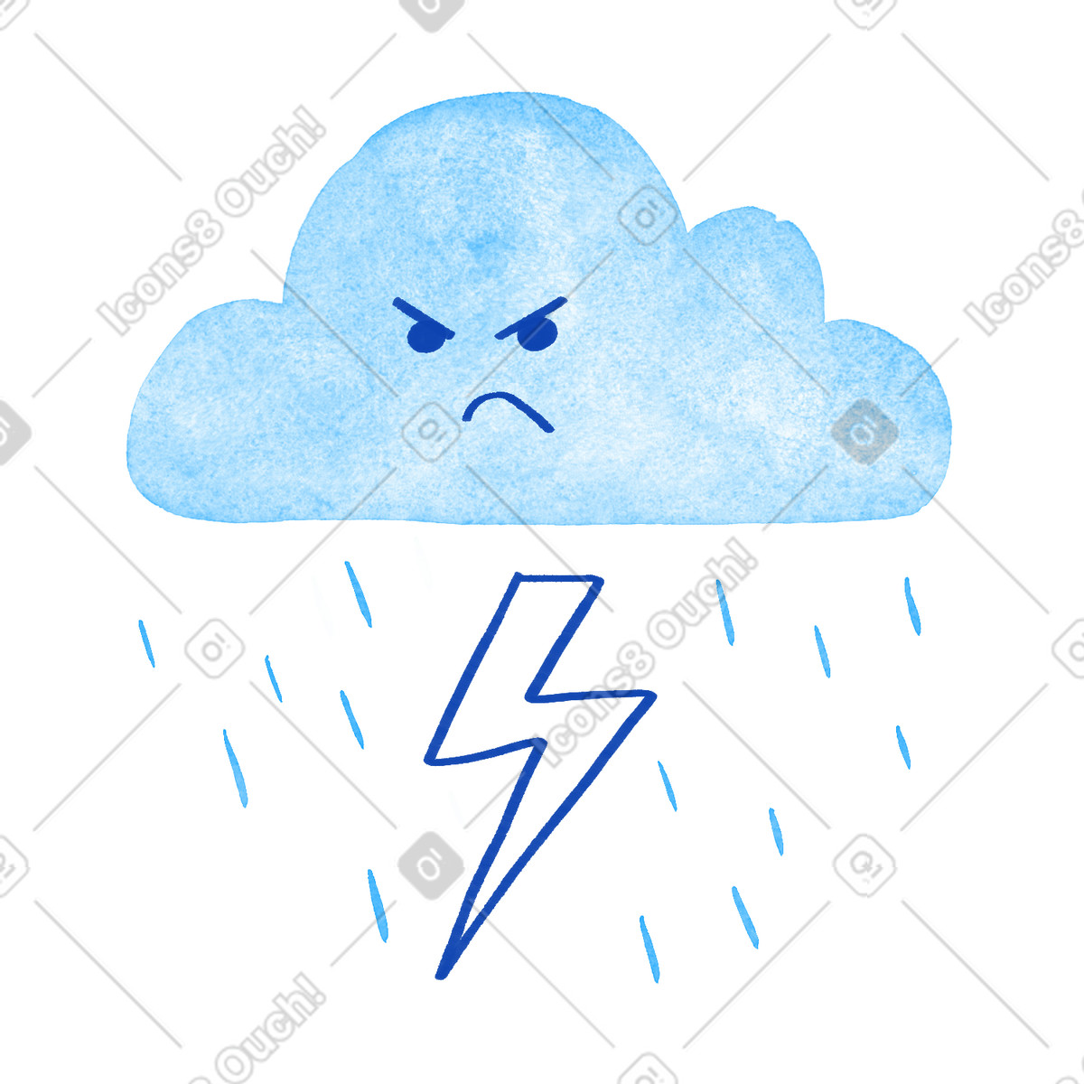 下载 Tint 风格的 Cloud angry thunderstorm face with lightning bolt and falling raindrops 插画，支持 PNG、SVG 格式