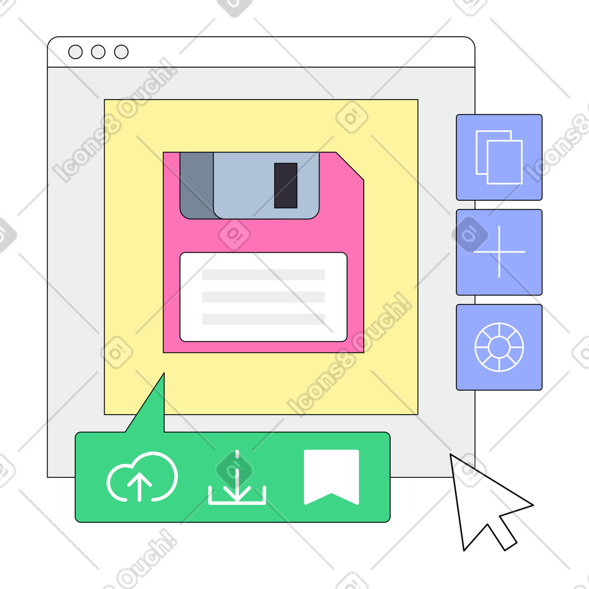 Clicking save or download button, User interface for online file storage illustration in PNG, SVG