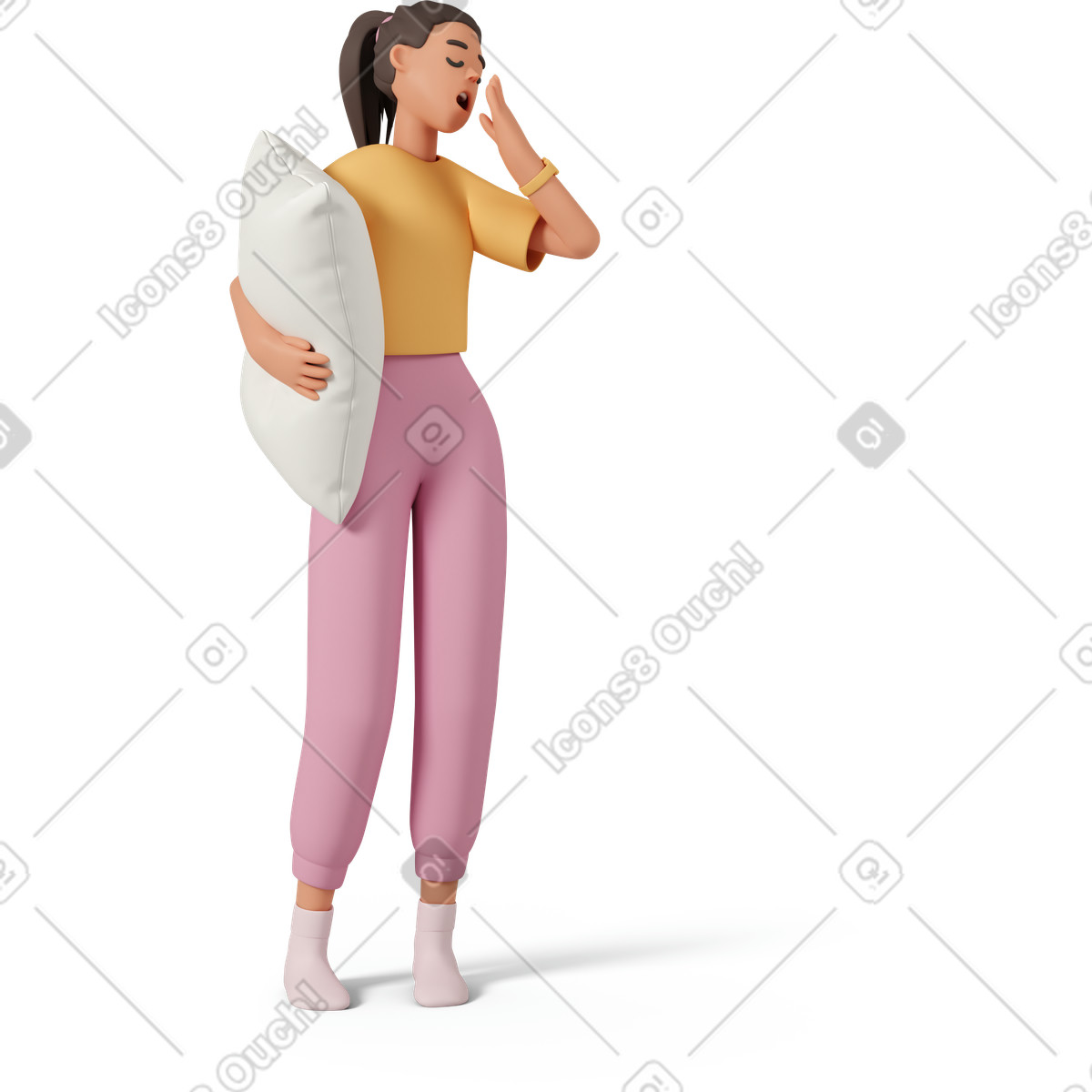 3D Casual life 스타일의 Sleepy woman holding pillow 일러스트레이션 PNG, SVG 다운로드