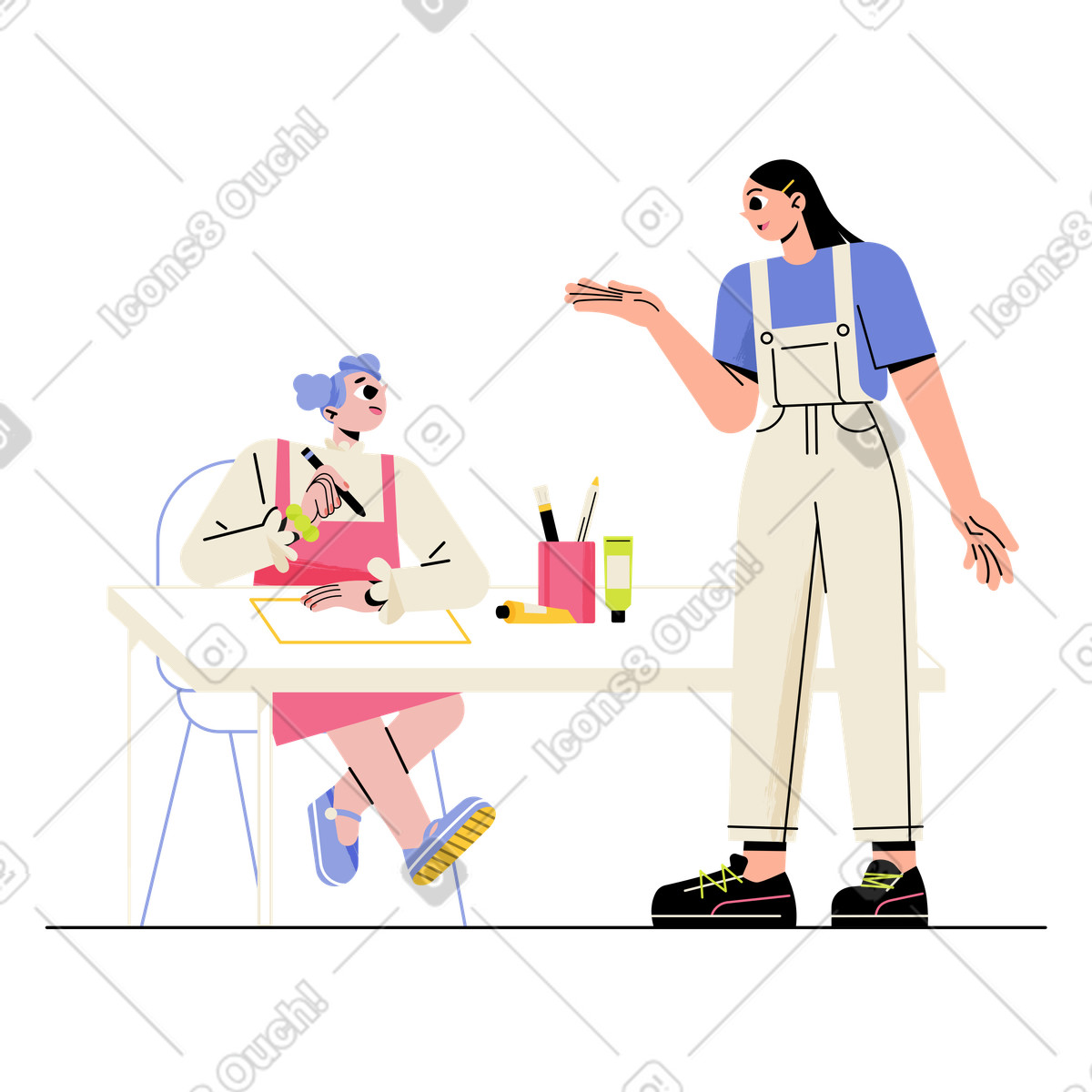 Teacher explaining to a student at desk illustration clipart image in PNG SVG GIF
