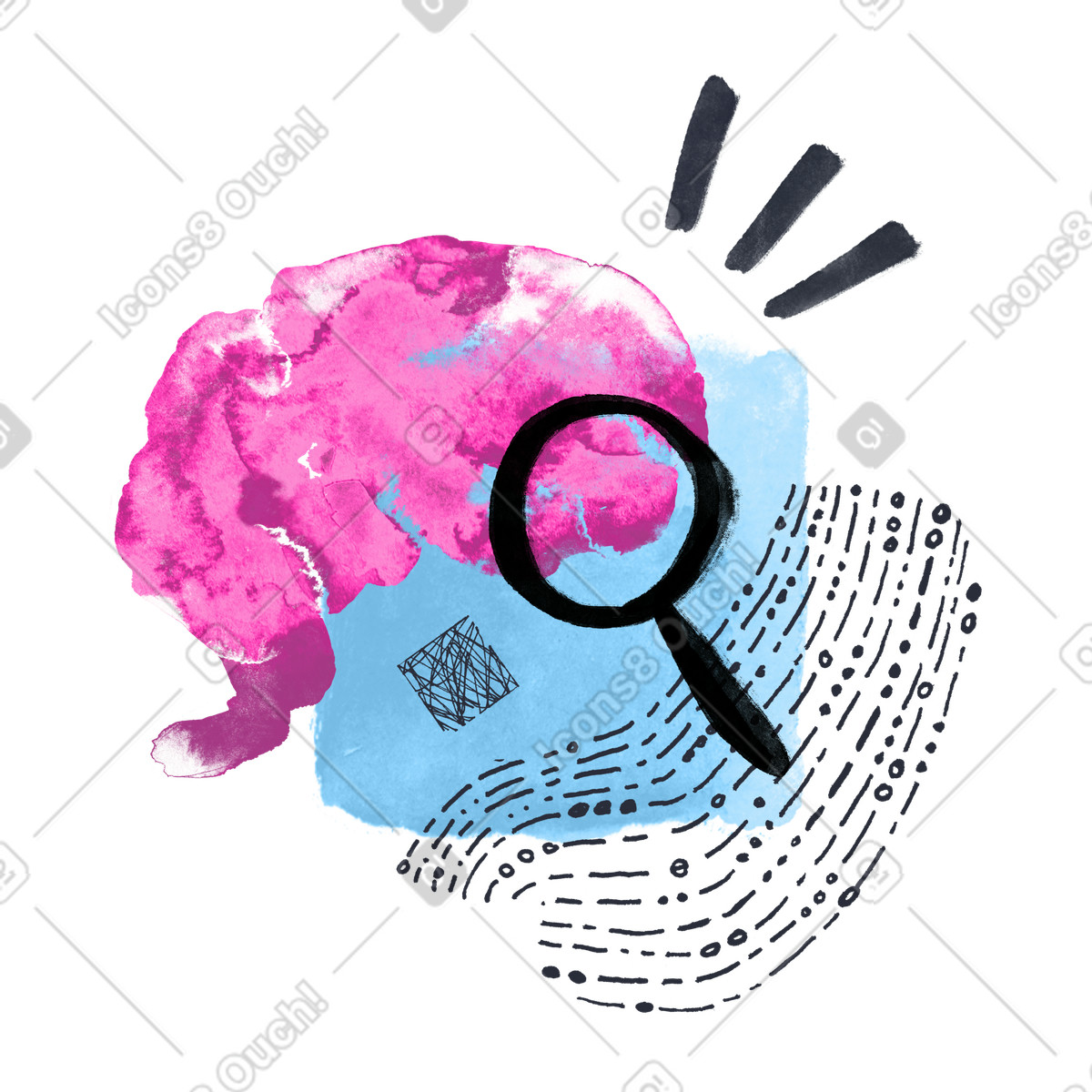 Ilustración Cerebro con lupa en estilo Inky a descargar en PNG y SVG