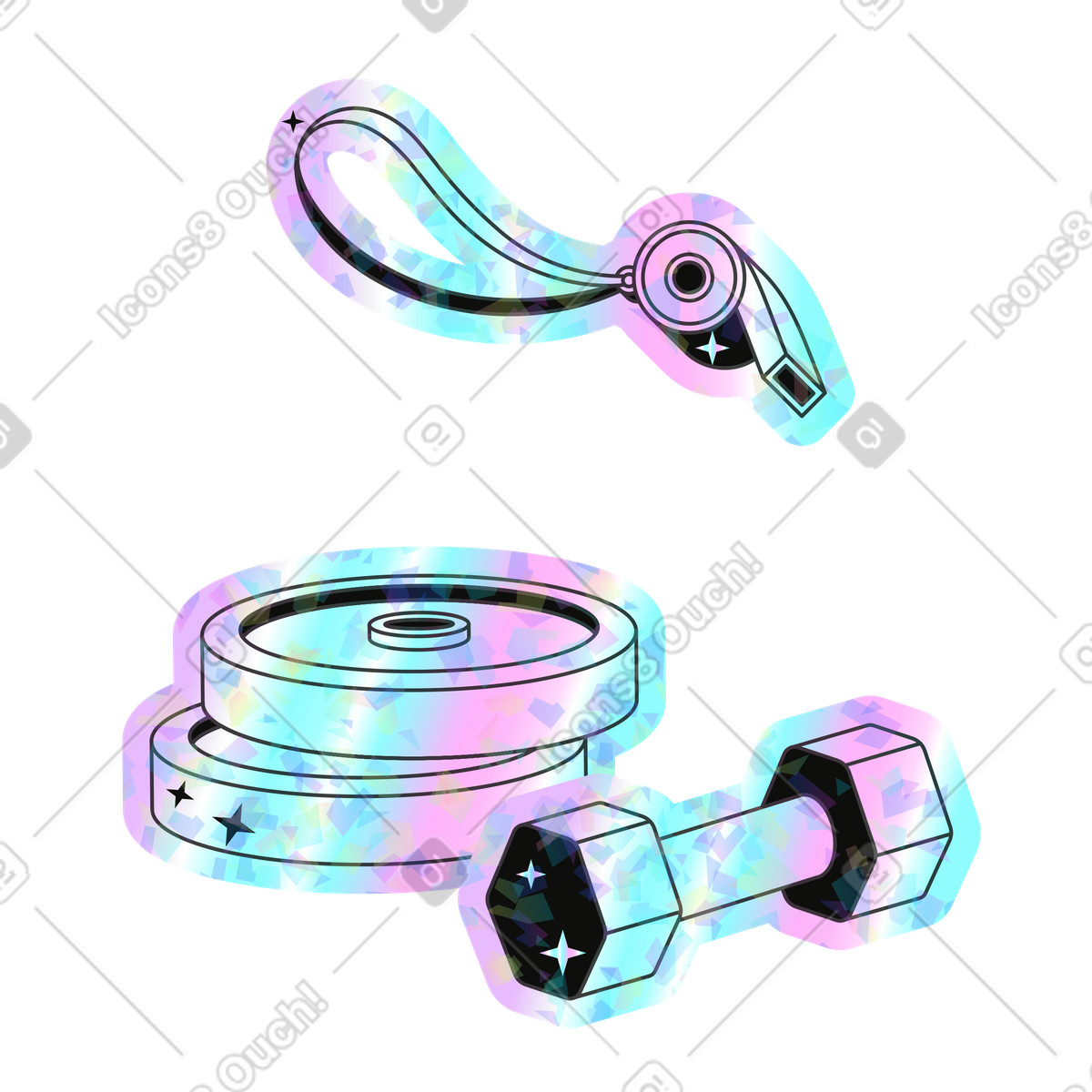 Pfeife, hantel und gewichtsscheiben-Illustration im Holostickers-Stil als Download in PNG, SVG