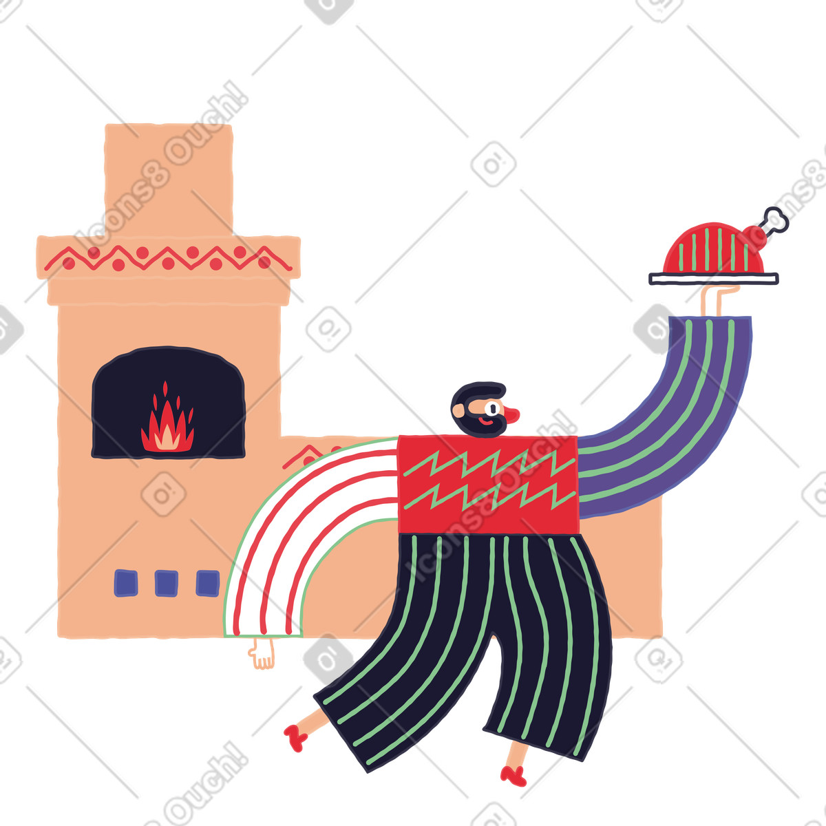 Illustration Homme rôtissant un poulet dans four en brique le style Stripy à télécharger aux formats PNG, SVG