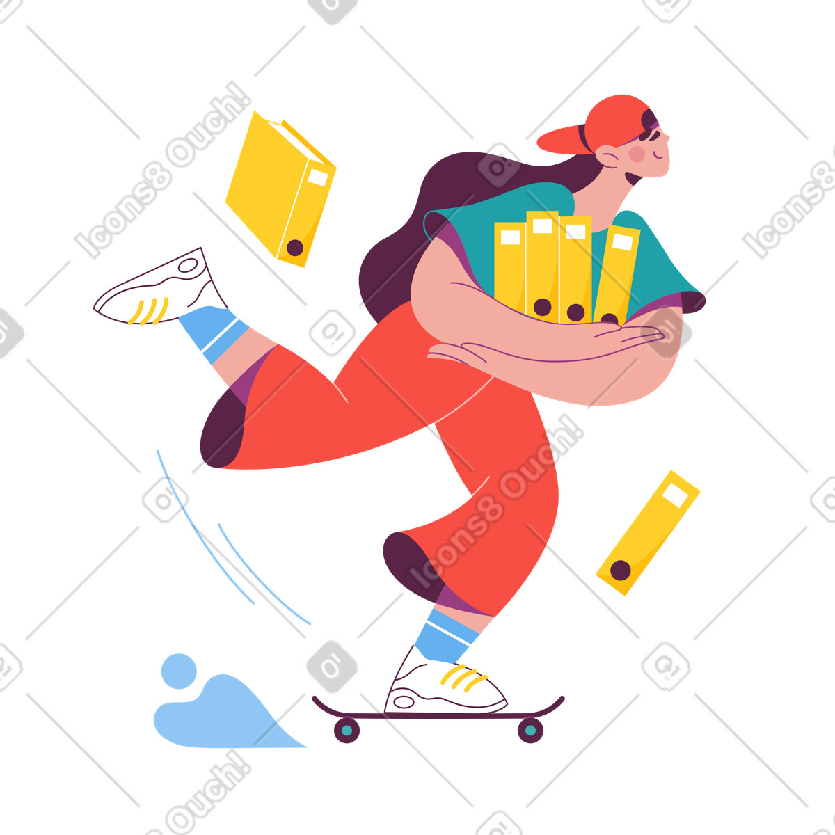 Donna sullo skateboard che trasporta cartelle di file illustrazione animata in stile Sammy scaricabile in GIF, Lottie (JSON), AE