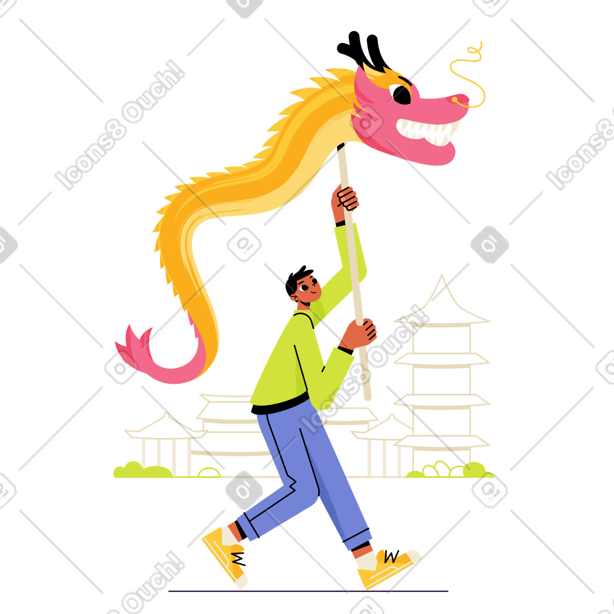 Carrying dragon puppet in urban setting, Festive Chinese street performance illustration Juicy style download PNG, SVG