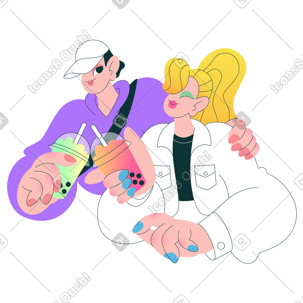 Couple enjoying bubble tea together, Dating and relationship illustration in Florid style download in PNG, SVG