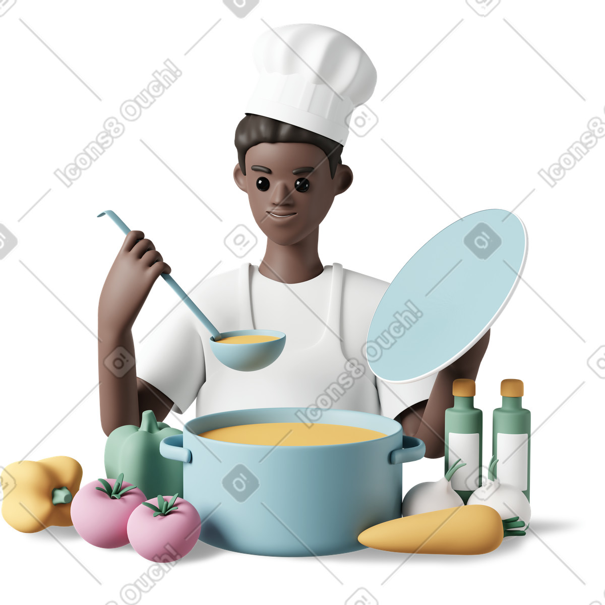 Chef with ladle and pot, restaurant food service catering illustration in 3D Casual life style download in PNG, SVG