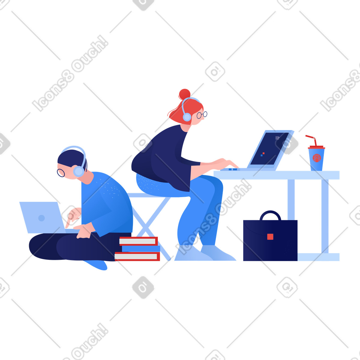 Students engaged in studying with laptops illustration environment clipart high-quality graphics