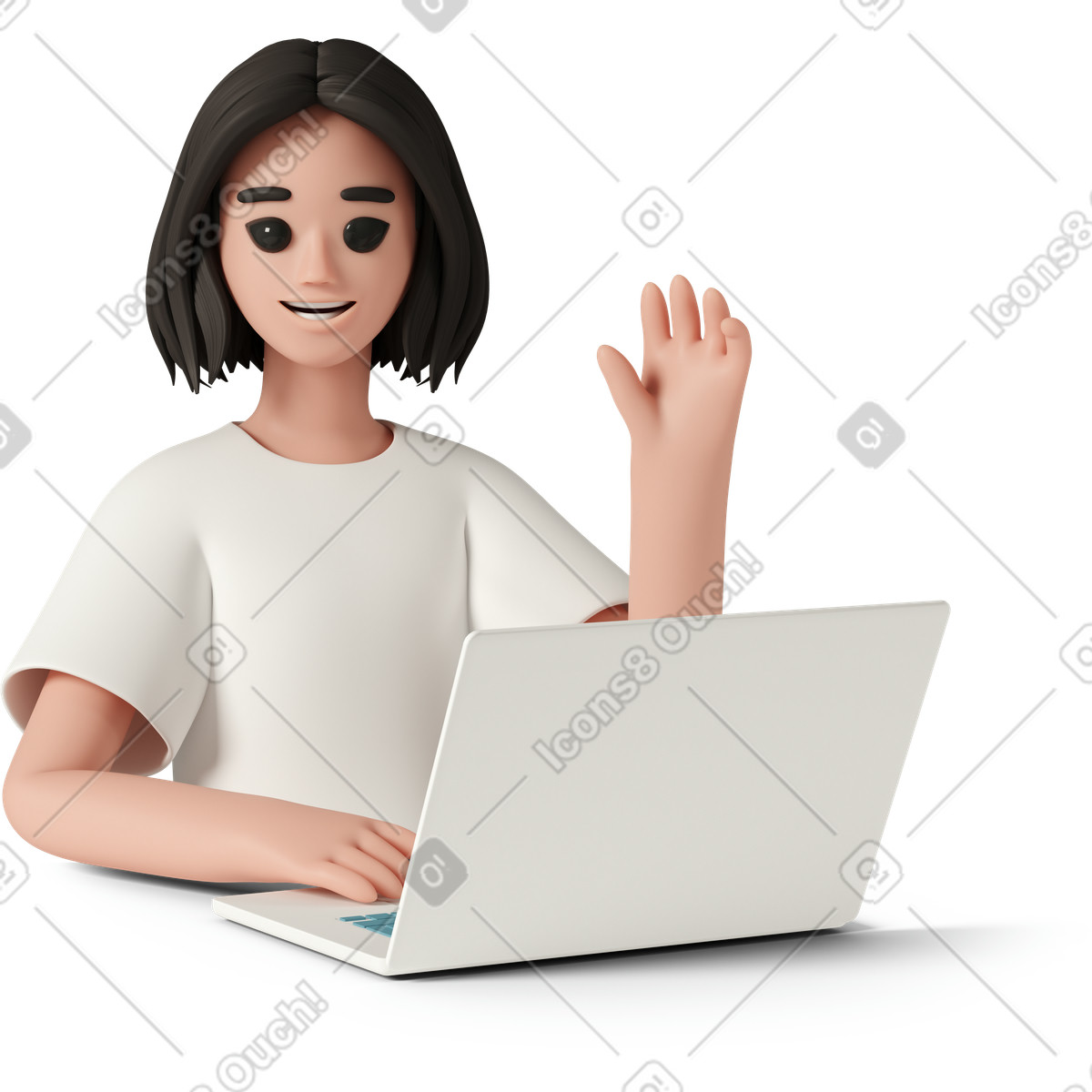 3D Casual life 스타일의 Young woman with laptop at table 일러스트레이션 PNG, SVG 다운로드