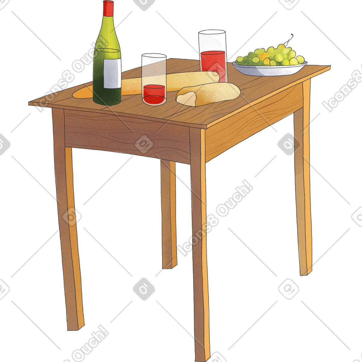 Tavolo da picnic apparecchiato con vino rosso, uva e pane illustrazione in stile Seasons scarica in PNG, SVG