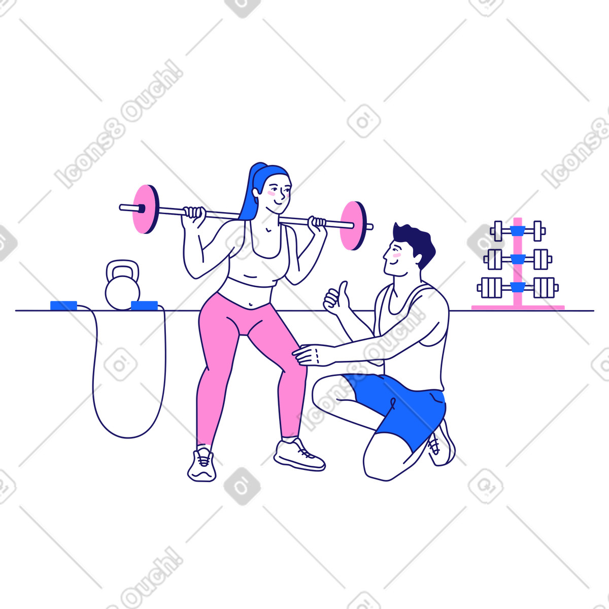 Illustration Femme et entraîneur faisant du fitness dans le style Matey à télécharger aux formats PNG, SVG