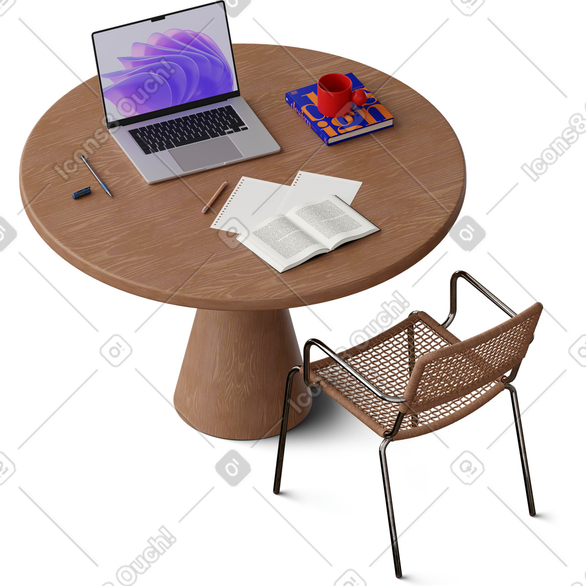 下载 3D Hygge 风格的 Isometric view of laptop and notes on kitchen table 插画，支持 PNG、SVG 格式