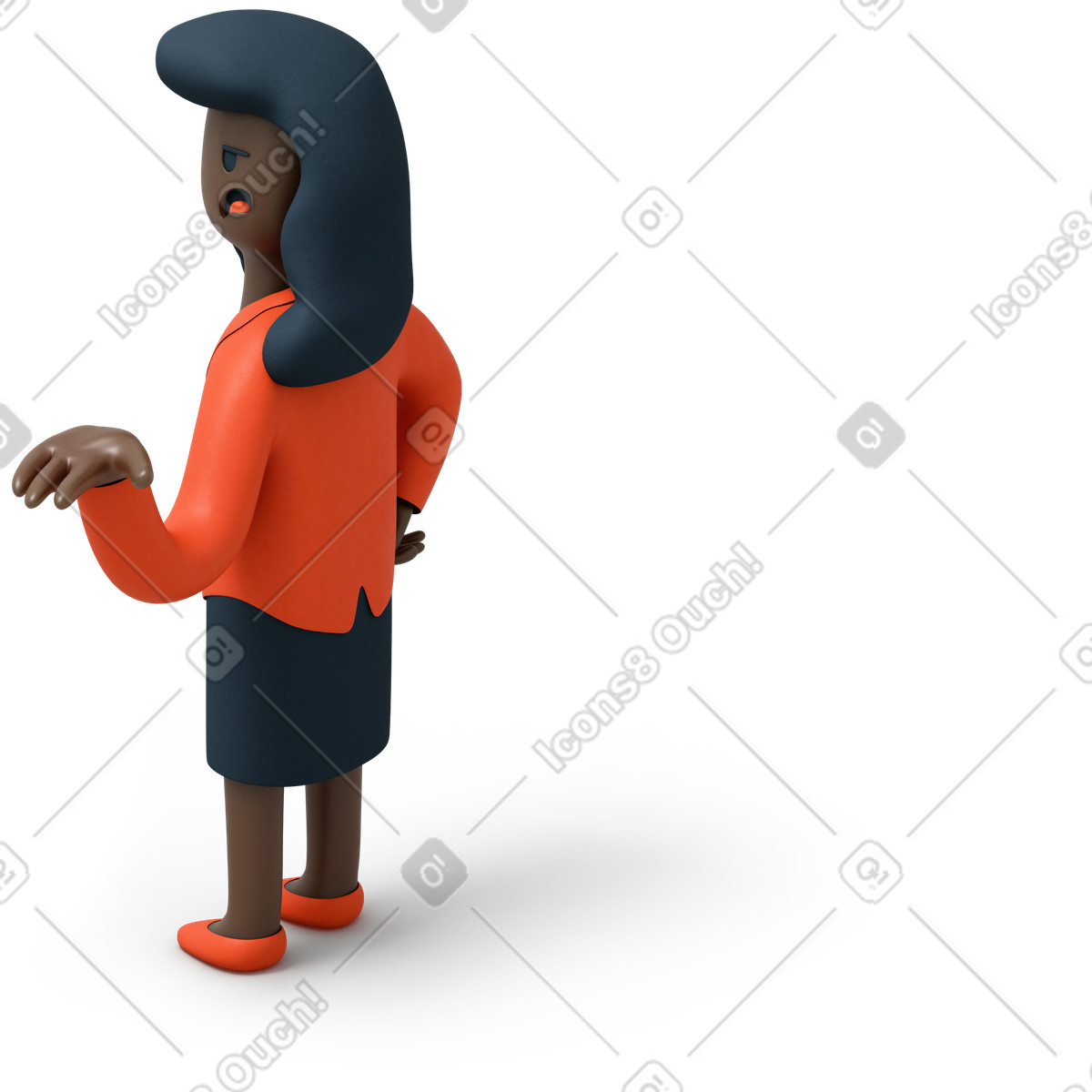 Back view of black woman raising her hand up and looking left illustration in 3D Flame style download in PNG, SVG