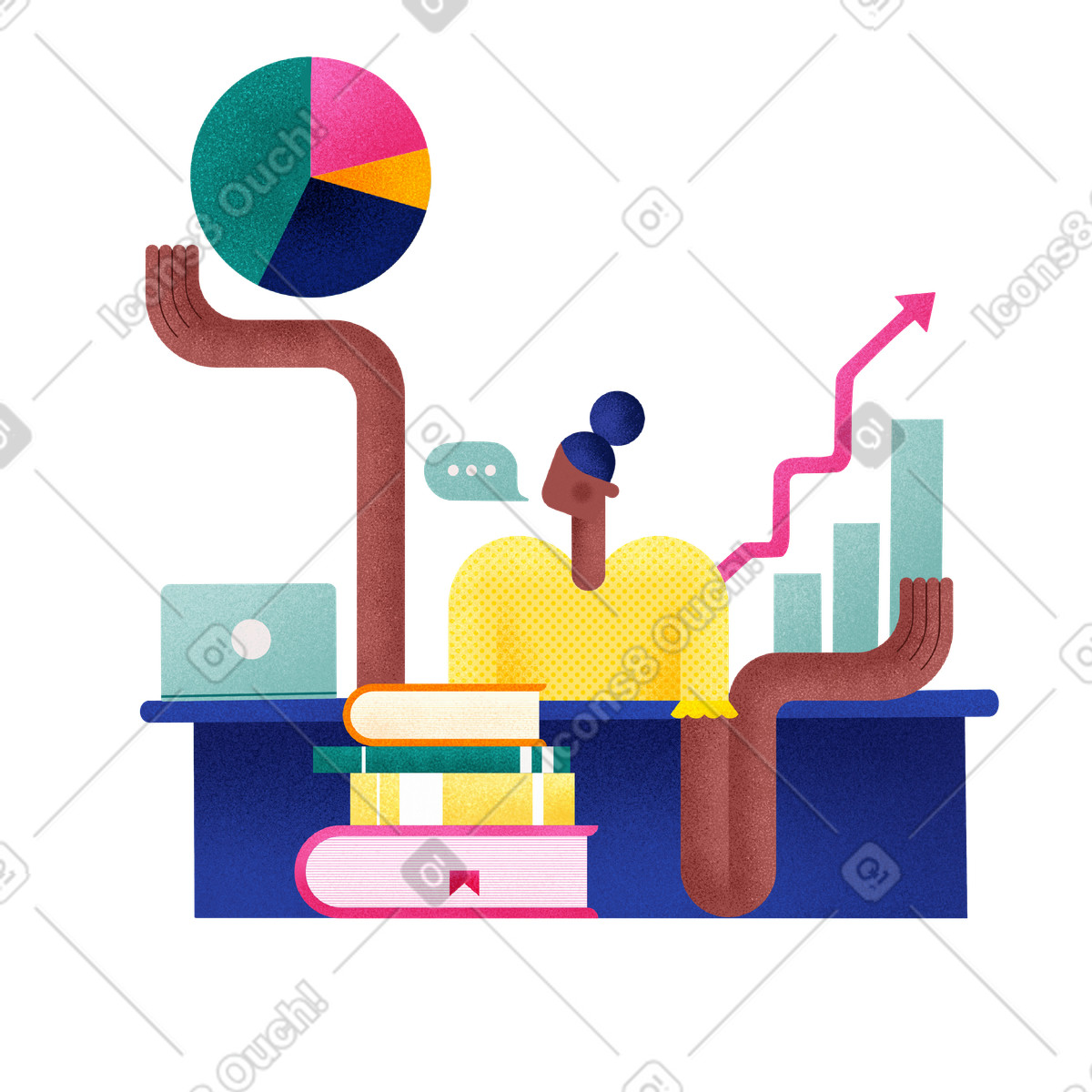 Иллюстрация Marketer presenting charts at desk, Data analysis and business performance tracking в стиле Willowy — скачать в форматах PNG, SVG