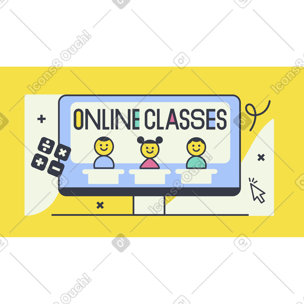Lettering Online Classes on computer screen with schoolkids illustration in Abstract style download in PNG, SVG