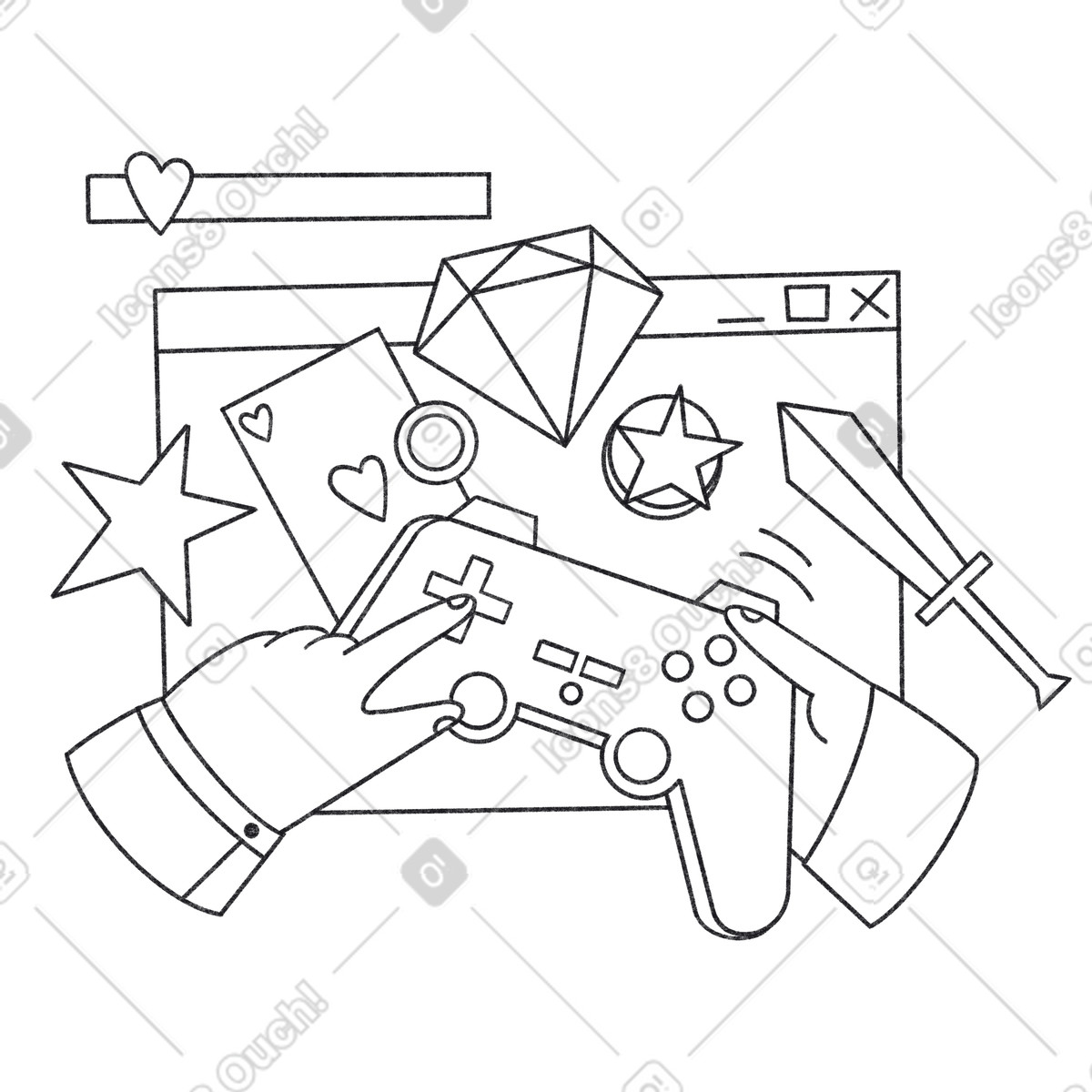 Ilustração de Gamer using joystick in digital fantasy world, Online gaming and leisure em no estilo Bonbon Line para baixar em PNG, SVG