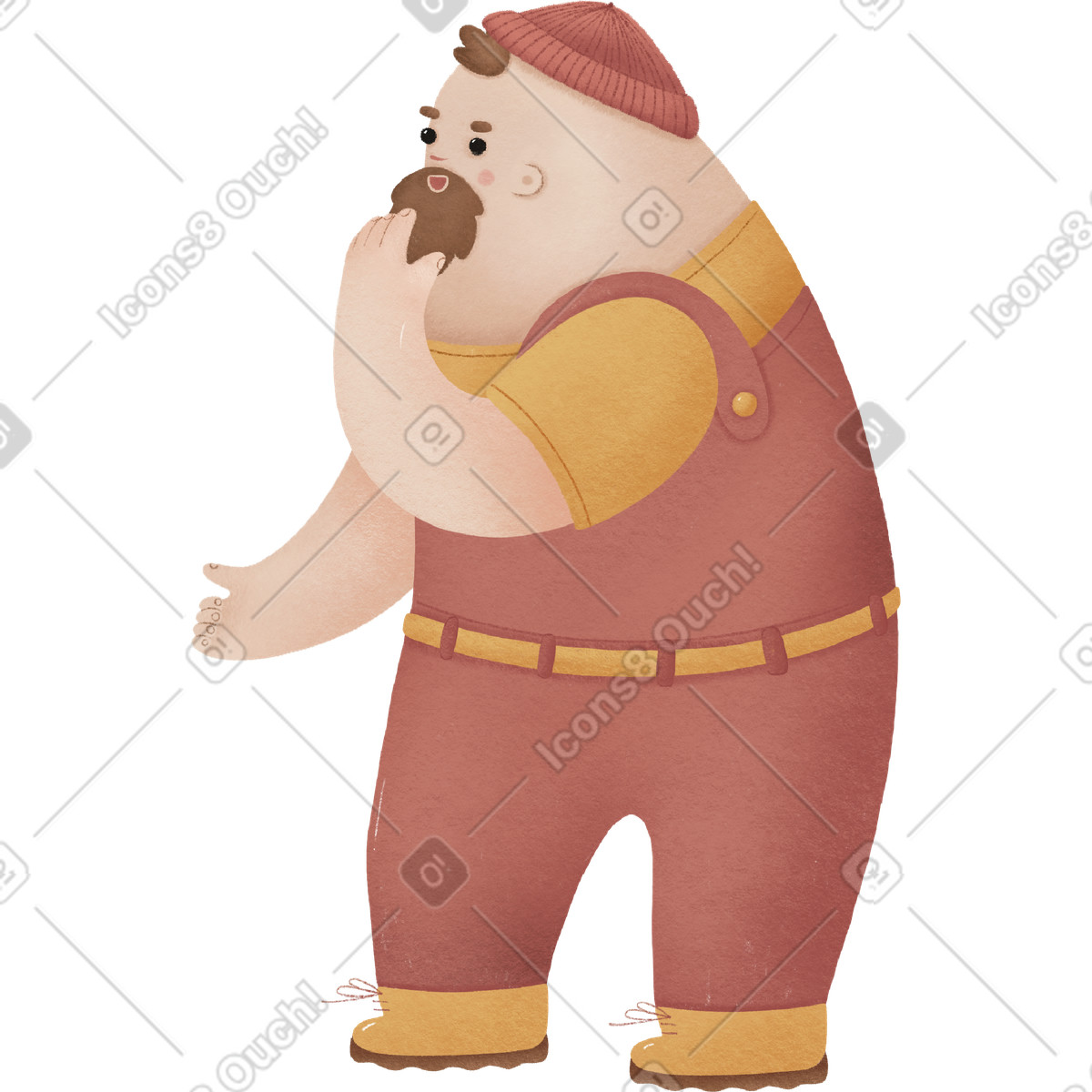 Иллюстрация Man in the red jumpsuit stands thoughtfully with his hand on beard в стиле Woolly — скачать в форматах PNG, SVG