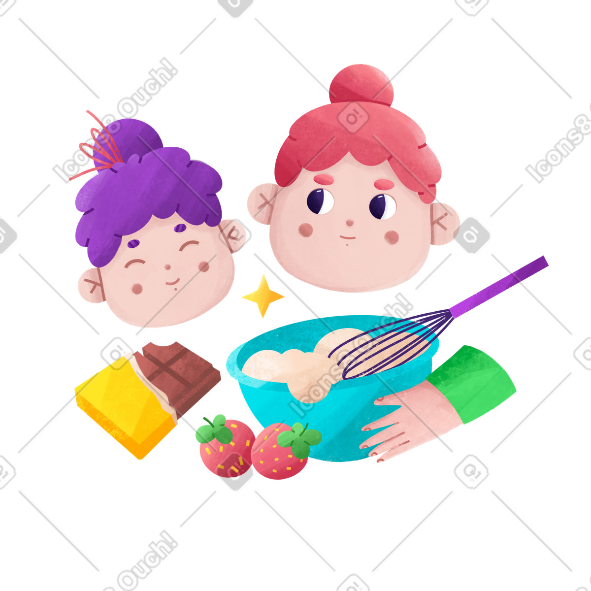 Mom and daughter make chocolate cupcakes with strawberries together illustration in Bonbon style download in PNG, SVG
