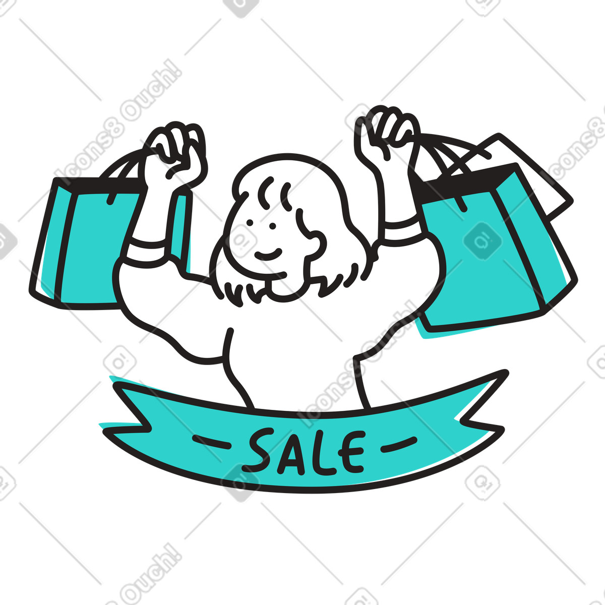 Lettering Sale and woman with shopping bags illustration in Little style download in PNG, SVG