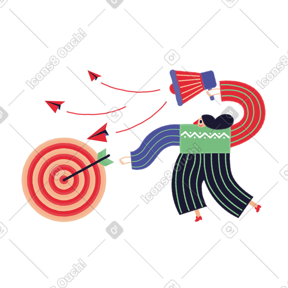Marketer mit lautsprecher trifft werbung das ziel-Illustration im Stripy-Stil als Download in PNG, SVG