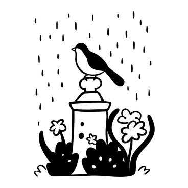 A robin perched on a weathered garden statue, surrounded by droplets of rain cascading down. The statue depicts a classic figure, partially obscured by lush greenery. Surrounding the statue, delicate flowers bend slightly under the weight of the rain. The robin is fluffed up, with its feathers glistening from the rain, while small puddles form on the ground below. Lightly falling rain creates a soft, textured effect in the scene.