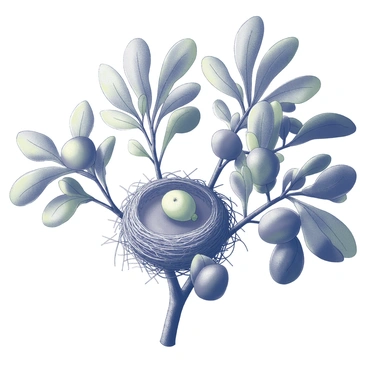 A bird's nest positioned securely among the branches of a leafy fig tree. The nest is made of twigs and grass, showcasing its intricate weaving. Surrounding the nest, the fig tree's broad, green leaves create a dense canopy, providing shade and protection. Sunlight filters through the leaves, casting dappled shadows around the nest. The branches of the fig tree are sturdy, filled with small clusters of figs, adding detail to the natural setting.