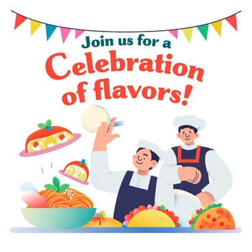 A poster for a festive food festival features vibrant illustrations of various cuisines. In the foreground, there are colorful dishes like a large bowl of spaghetti topped with basil, a platter of sushi rolls with delicate garnishes, and a spicy taco drizzled with sauce. Surrounding the food are cheerful chefs, each wearing traditional attire representative of their cuisine. One chef is tossing a pizza in the air, while another is skillfully rolling out dough. A string of colorful flags is displayed above, adding to the festive atmosphere. "Join us for a celebration of flavors!" is prominently featured at the top of the poster.