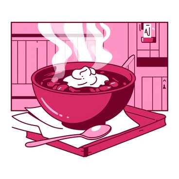 A red steaming bowl of borscht is placed on a wooden table. The borscht is rich in color, showcasing a vibrant mix of beets and vegetables. A generous dollop of white sour cream is swirling on the surface of the soup, creating a pleasant contrast. Next to the bowl, there is a small silver spoon resting on a white napkin. The background features a rustic kitchen setting with soft, warm lighting illuminating the scene.
