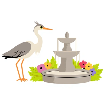 A heron standing beside a beautiful garden fountain, surrounded by colorful flowers.