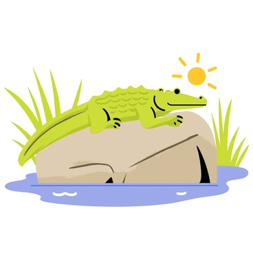 A saltwater crocodile with a rugged, textured green-brown skin is lounging on a large sunlit rock. The crocodile has its eyes partially closed, enjoying the warmth of the sun. The rock is surrounded by clear, flowing water of the river, which reflects the sunlight. Lush greenery and tall grasses line the riverbank, adding depth to the scene. A few small ripples can be seen in the water around the rock, suggesting gentle movement.