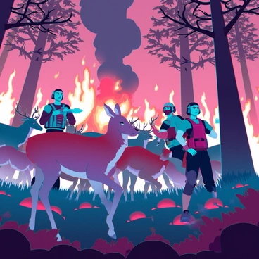 Rangers and animals frantically fleeing a rapidly spreading forest fire