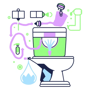 A cutaway view of a toilet is presented, showcasing its internal components. The tank is visible at the top, with water flowing backward into it. The flush mechanism is clearly illustrated, revealing the chain and flapper. Below, the bowl is visible, with a clear view of the siphon and trapway. Water is depicted moving against the typical flow direction, creating dynamic movement. Surrounding the toilet, various plumbing fixtures and pipes are illustrated, adding context to the scene. The overall structure emphasizes the mechanics and design of the toilet.