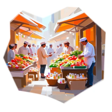 A bustling old-world food market scene filled with vibrant activities. Stalls are laden with an array of fresh produce, including ripe tomatoes, vibrant peppers, and leafy greens. A vendor with a white apron is energetically serving customers while another stall displays an assortment of colorful spices in small jars. Shoppers, a mix of men and women in traditional attire, are engaged in lively conversations and examining goods. Baskets overflowing with fruit are scattered around, and a few children are seen playing nearby. The architecture features charming old buildings with wooden beams and brick facades, creating an inviting atmosphere. Sunlight streams through the market, illuminating the various textures and colors, enhancing the overall lively ambiance of the scene.