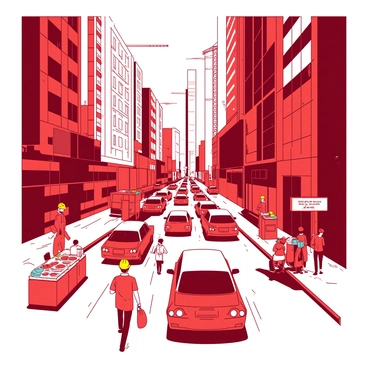 A red city street is filled with honking cars, weaving in and out of traffic. Tall buildings with glass windows reflect sunlight, creating a vibrant atmosphere. Construction workers in yellow hard hats are busy at work, using tools and machinery to build a new structure. Pedestrians hurry along the sidewalks, some carrying bags and others looking at their phones. Street vendors with colorful carts are selling food, adding to the lively scene. The sounds of construction and traffic fill the air, creating a sense of bustling activity.