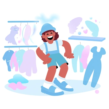 A child is giggling while standing in a room filled with bright and colorful costumes. The child is wearing a silly hat that is comically large, and oversized shoes that look funny when worn. Various costumes are scattered around the room, showcasing vibrant fabrics and playful designs. There are also accessories like feather boas and masks hanging on the walls. The atmosphere is lively and playful, with a sense of joy and creativity.