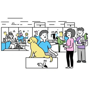 A spacious exhibition hall filled with booths showcasing various animal breeds. In one area, a golden retriever sits calmly next to its owner, who is wearing a blue t-shirt and khaki shorts, smiling as they receive attention from children. Nearby, a tabby cat is perched on a table, while its owner, a woman with short brown hair wearing a pink blouse, gently strokes its fur. In another section, a group of owners is gathered around a small enclosure displaying a variety of colorful birds, with one man holding a bright green parrot on his arm. The atmosphere is lively, with people admiring and interacting with the animals throughout the space.