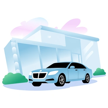 A luxury sedan with a polished exterior is parked in front of a sleek, modern building with large glass windows. The building features clean lines and a minimalist design, showcasing a blend of metal and stone elements. The sedan's paint reflects the surrounding environment, capturing hints of the building's façade. In the foreground, there are neatly trimmed bushes, adding a touch of greenery to the scene. The sky above displays a gradient of pastel colors, transitioning from soft pink to light blue.