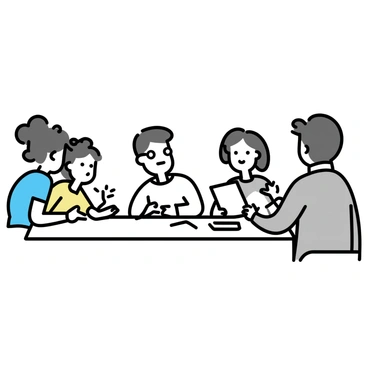 A group of three parents and two teachers is gathered around a rectangular table in a brightly lit classroom. One parent, a woman with curly hair, is sitting on the left side of the table, leaning forward slightly as she speaks. She is wearing a blue blouse. Opposite her is a male teacher, wearing glasses and a white shirt, taking notes on a clipboard. The second parent, a man with short hair, is sitting beside the woman, listening attentively. He is dressed in a grey sweater. The second teacher, a woman with long hair tied back, is sitting at the head of the table, gesturing as she discusses student progress. The atmosphere is focused, with papers and a few educational materials scattered on the table.