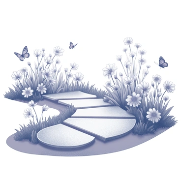A winding garden walkway made of stone slabs, bordered by lush greenery. On either side, various types of blooming flowers are in full display, showcasing their intricate petals and textures. Delicate butterflies are fluttering around, some resting on the flowers while others are mid-flight, creating a sense of movement and life in the scene. The walkway gently curves, inviting the viewer to explore the vibrant surroundings.