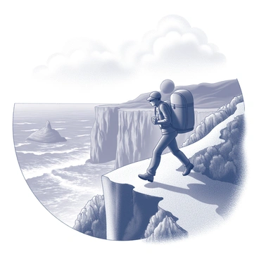 A backpacker is walking along a rugged coastal cliff path. The individual has a large backpack secured on their back, and they are wearing sturdy hiking boots. The path is narrow, flanked by rocky outcrops and sparse vegetation. Below, the waves are crashing against the jagged cliffs, creating a dramatic scene. The sky above is partly cloudy, suggesting a change in weather. The backpacker's posture indicates determination as they navigate the uneven terrain.