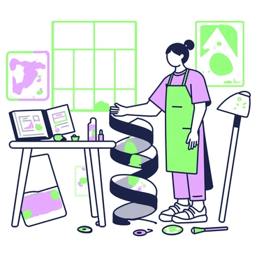 An artist is standing in a bright art studio, working on a unique sculpture made from film reels. The artist has medium-length hair tied back and is wearing an apron over casual clothes. Surrounding the artist are various tools and materials, including scissors, glue, and a palette with colorful paint splatters. The sculpture, partially completed, features intertwining film reels stacked and arranged creatively, casting interesting shadows on the studio floor. Large windows let in natural light, illuminating the studio's walls adorned with abstract paintings and sketches. A table nearby holds additional film reels and an open sketchbook filled with design ideas.