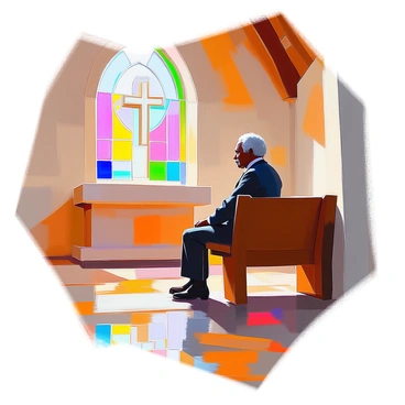 Frederick Douglass, a man with dark skin and a distinguished presence, is seated on a wooden pew in a quaint chapel. The interior features soft, warm lighting filtering through stained glass windows, casting colorful patterns on the wooden floor. Douglass is dressed in a formal suit, with a thoughtful expression as he gazes beyond the chapel's altar. His posture is relaxed yet contemplative, embodying a sense of reflection. The chapel has simple wooden beams and rustic decor, enhancing the intimate atmosphere of the setting.