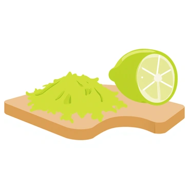 A pile of finely grated green lime zest sits on a wooden cutting board. Next to the pile, there is a whole lime, vibrant and glossy with a smooth skin. The zest has a bright green color, and small shavings are arranged in a small mound. The lime is cut in half, revealing its juicy, pale green interior, with tiny droplets of juice glistening on the surface. The setting is well-lit, emphasizing the freshness of the lime and zest.