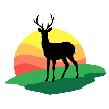 A black silhouette of a roe deer is standing on top of a green hill. The sun is setting in the background, casting a warm yellow and orange glow across the sky. The deer is positioned gracefully, with its head slightly turned, and the outlines of its antlers are visible against the bright colors of the sunset. The hill is gently rolling, adding depth to the scene, while the vibrant colors of the sky create a striking contrast with the dark silhouette of the deer.
