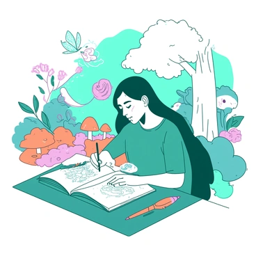 A teal concept artist is seated at a wooden table, sketching in a large notebook filled with illustrations. The background features a white enchanted forest filled with various magical creatures. There are vibrant orange mushrooms scattered on the forest floor, and a blue unicorn peeks from behind a tree. Glowing plants with pink leaves illuminate the scene, casting a soft light on the artist. A small fairy with intricate wings flutters above the notebook, adding a sense of wonder to the composition.