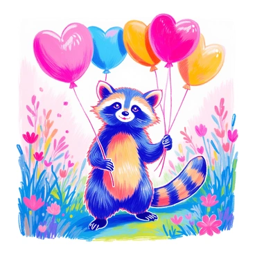 A playful raccoon with dark fur and distinctive facial markings is standing upright. It is holding a bunch of colorful heart-shaped balloons, which are floating above its head. The raccoon's bright eyes are sparkling with curiosity, and its small paws grip the strings of the balloons tightly. The background features a soft, textured surface with hints of green grass and flowers, creating a lively atmosphere.