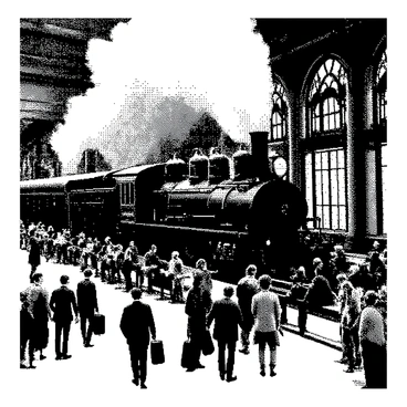 A vintage train station is filled with travelers. People are dressed in period attire, some carrying suitcases and bags. A large, old steam locomotive stands at the platform with billowing steam rising from its chimney. The station features ornate architectural details, such as arched windows and intricate ironwork. A clock hangs prominently above the platform, showing the time. There are benches with passengers sitting, waiting, and talking. Some travelers are saying goodbye, while others are eagerly preparing to board the train. The atmosphere is lively and energetic, capturing the essence of travel and adventure.